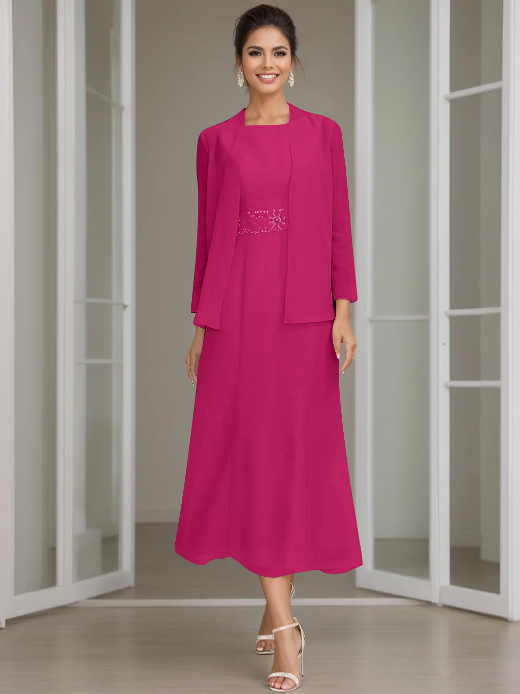 Gaine/Colonne Collier Bijou Tea Length Robes Mère de La Mariée avec veste & Perles