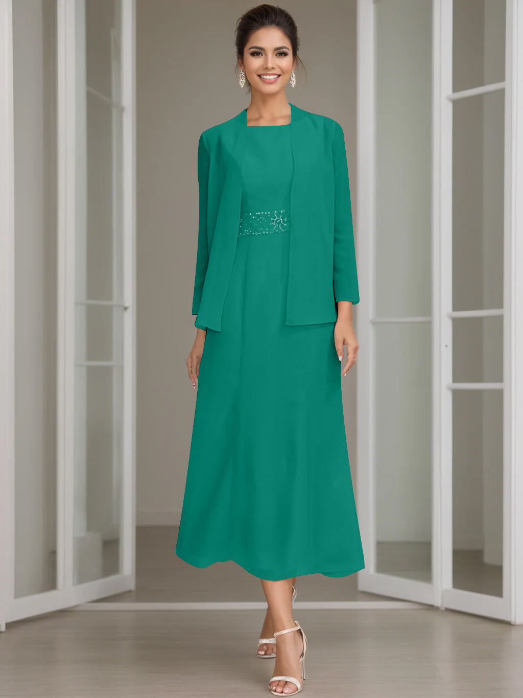 Gaine/Colonne Collier Bijou Tea Length Robes Mère de La Mariée avec veste & Perles