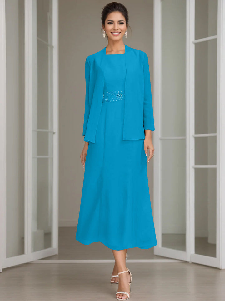 Gaine/Colonne Collier Bijou Tea Length Robes Mère de La Mariée avec veste & Perles