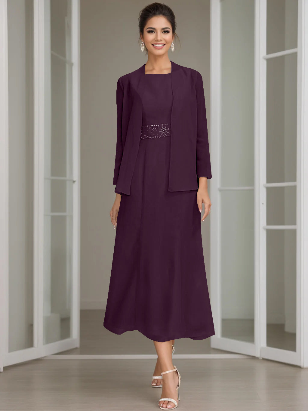 Gaine/Colonne Collier Bijou Tea Length Robes Mère de La Mariée avec veste & Perles