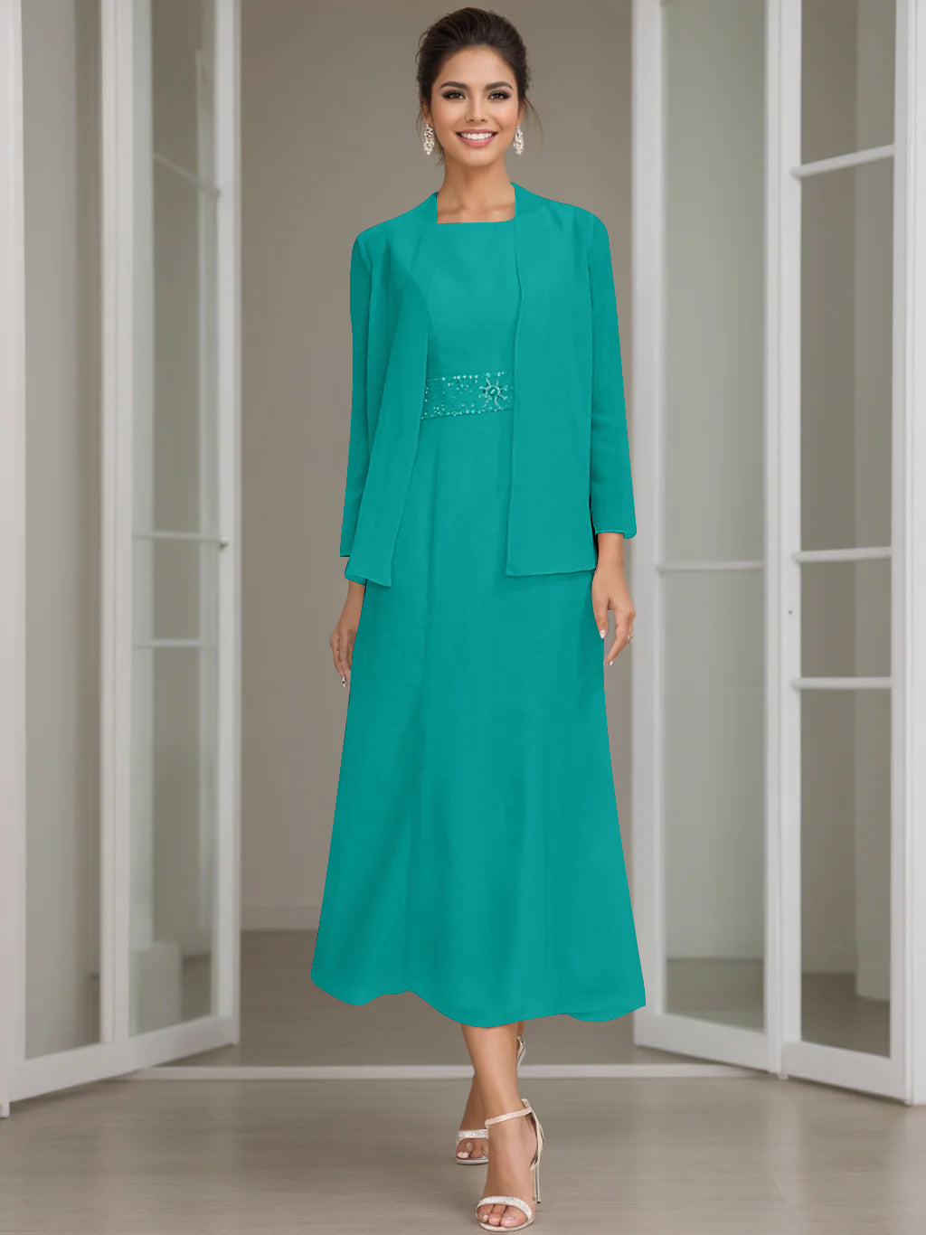 Gaine/Colonne Collier Bijou Tea Length Robes Mère de La Mariée avec veste & Perles