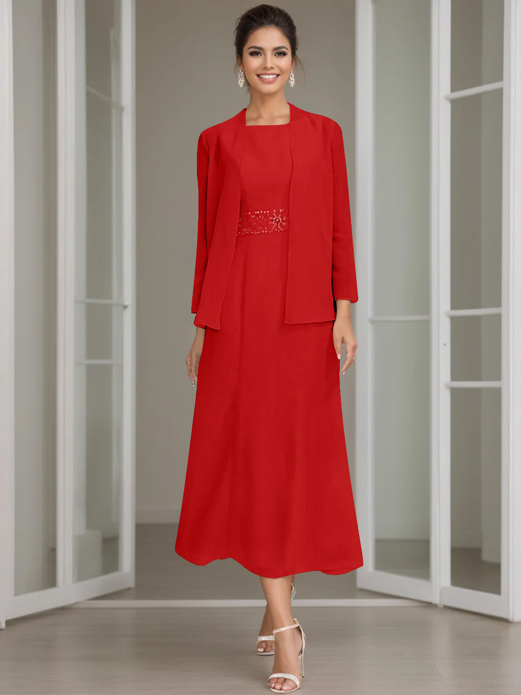 Gaine/Colonne Collier Bijou Tea Length Robes Mère de La Mariée avec veste & Perles