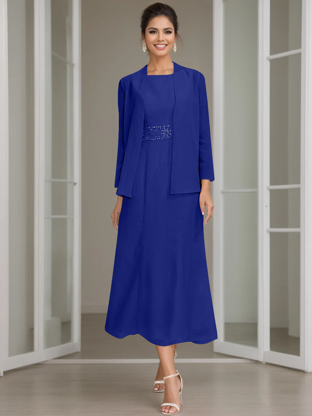 Gaine/Colonne Collier Bijou Tea Length Robes Mère de La Mariée avec veste & Perles