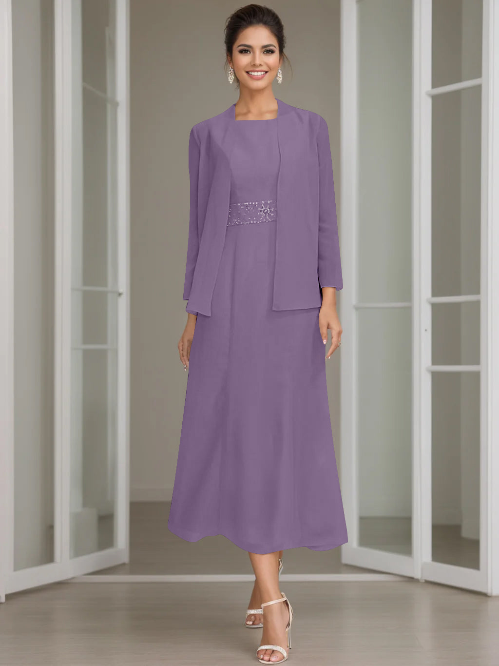 Gaine/Colonne Collier Bijou Tea Length Robes Mère de La Mariée avec veste & Perles