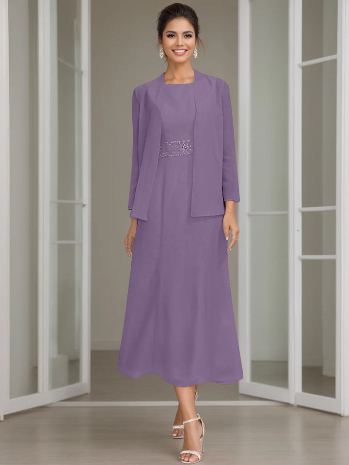 Gaine/Colonne Collier Bijou Tea Length Robes Mère de La Mariée avec veste & Perles