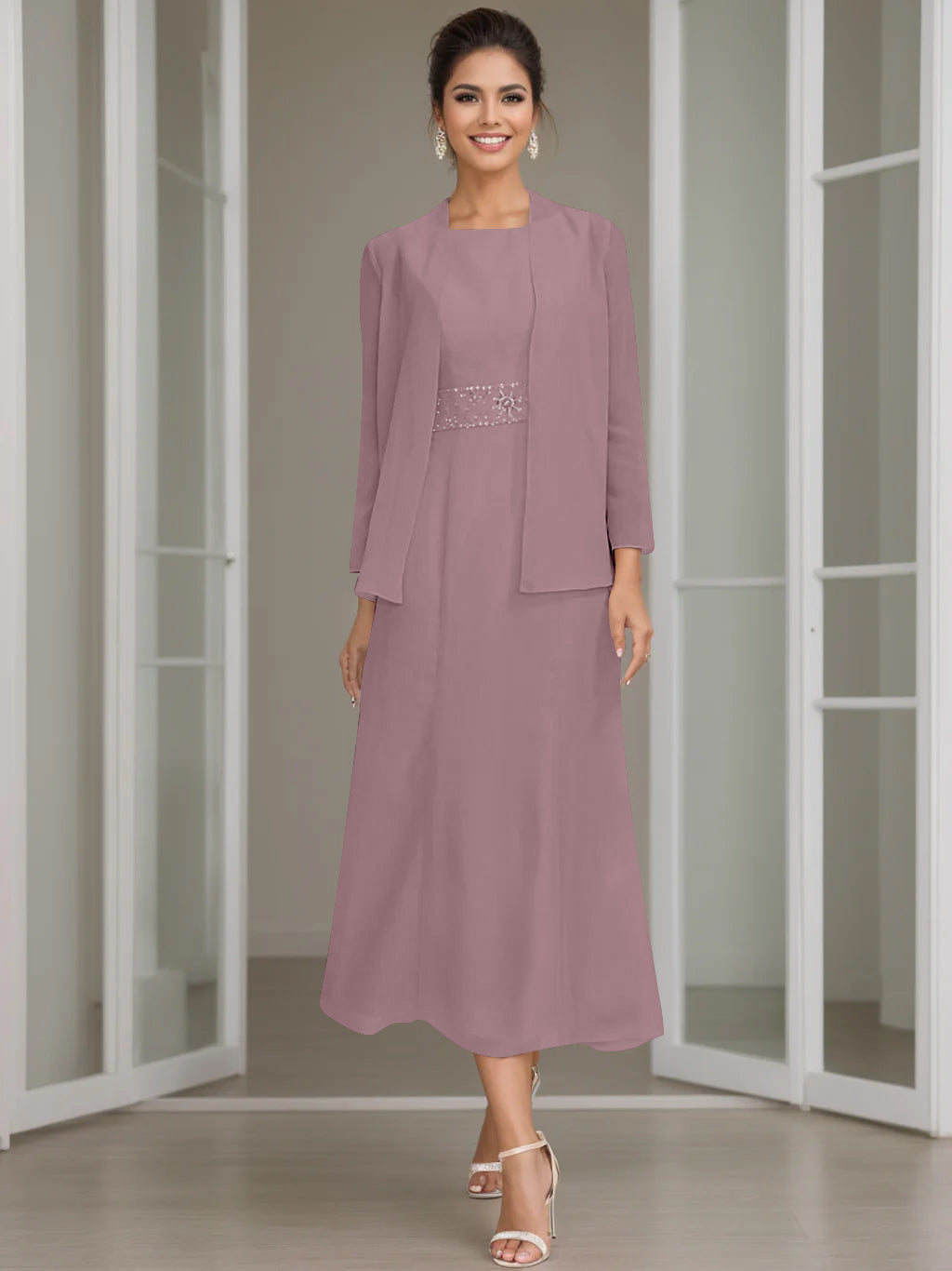 Gaine/Colonne Collier Bijou Tea Length Robes Mère de La Mariée avec veste & Perles