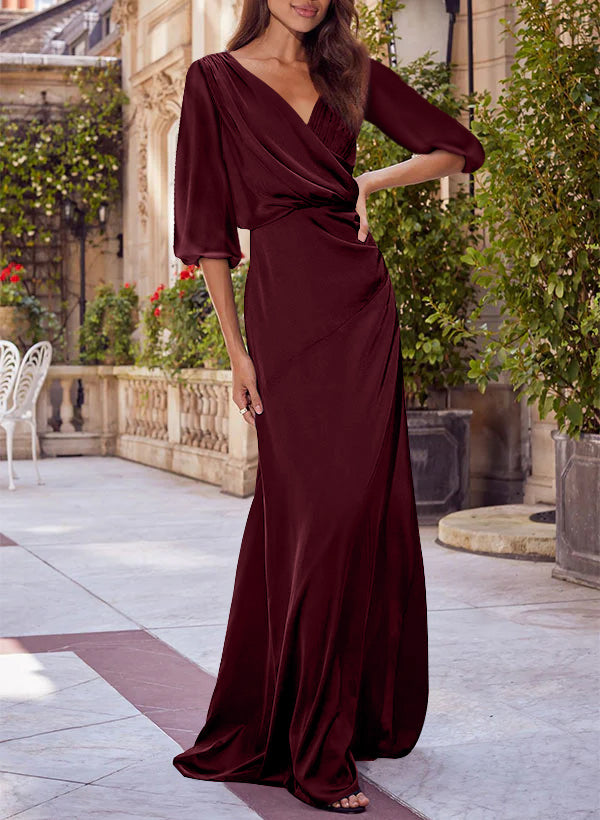 Colonne Floral Print Col en V 1/2 Manches Rouge Mère of the Mariée & Groom Robes