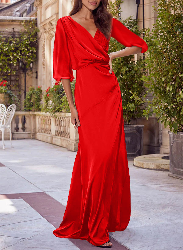 Colonne Floral Print Col en V 1/2 Manches Rouge Mère of the Mariée & Groom Robes