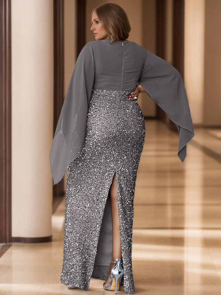 Robe de Mère de la Mariée Grande Taille Unique à Col en V et Manches Évasées, Longueur Au Sol, avec Paillettes