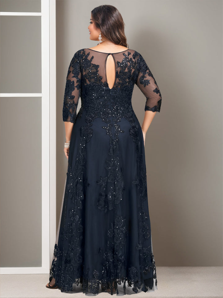 Tenues de Mère de la Mariée Grande Taille, Coupe A-Line/Princess, Manches 3/4, Longueur Au Sol, avec Paillettes