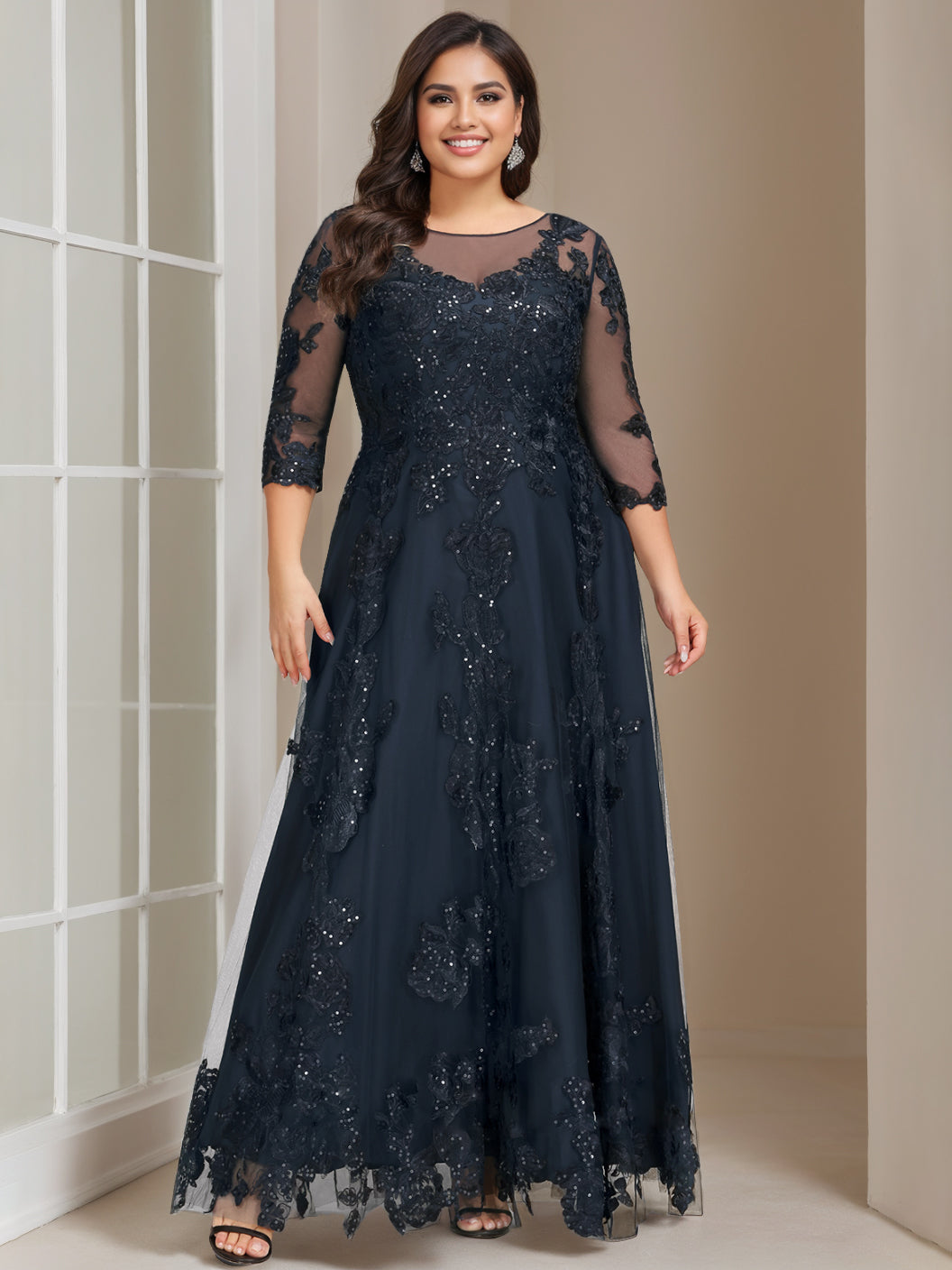 Tenues de Mère de la Mariée Grande Taille, Coupe A-Line/Princess, Manches 3/4, Longueur Au Sol, avec Paillettes