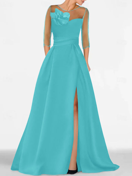 Robe de Mère de la Mariée Coupe A-Line/Princess à Manches 3/4 avec Dentelle et Fente Haute