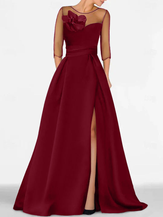 Robe de Mère de la Mariée Coupe A-Line/Princess à Manches 3/4 avec Dentelle et Fente Haute