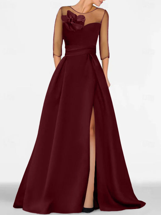 Robe de Mère de la Mariée Coupe A-Line/Princess à Manches 3/4 avec Dentelle et Fente Haute