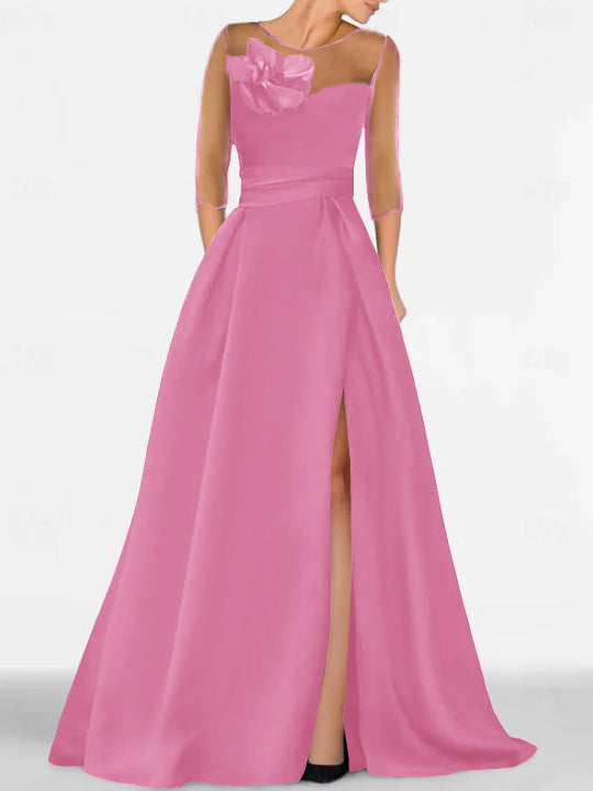 Robe de Mère de la Mariée Coupe A-Line/Princess à Manches 3/4 avec Dentelle et Fente Haute