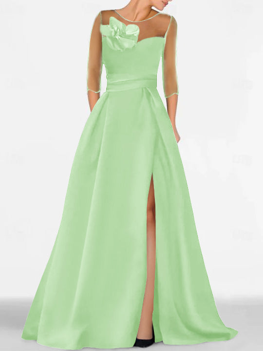 Robe de Mère de la Mariée Coupe A-Line/Princess à Manches 3/4 avec Dentelle et Fente Haute