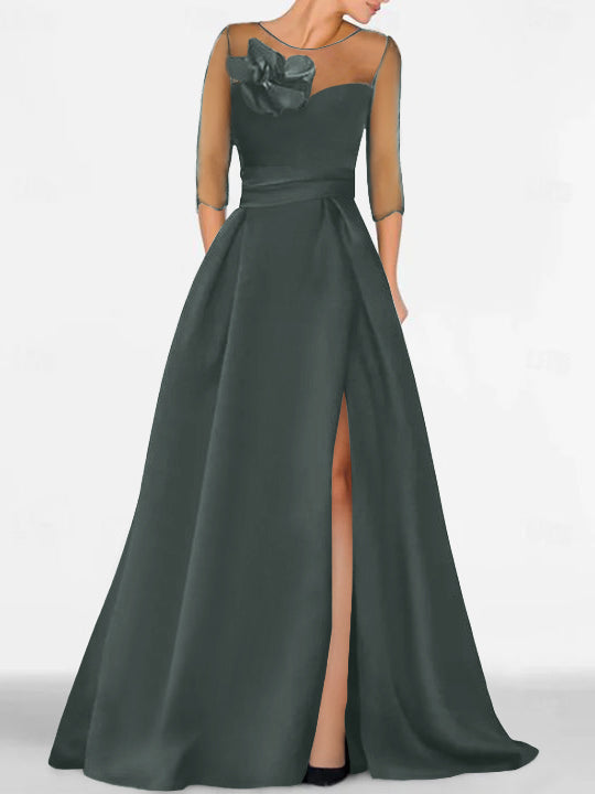 Robe de Mère de la Mariée Coupe A-Line/Princess à Manches 3/4 avec Dentelle et Fente Haute