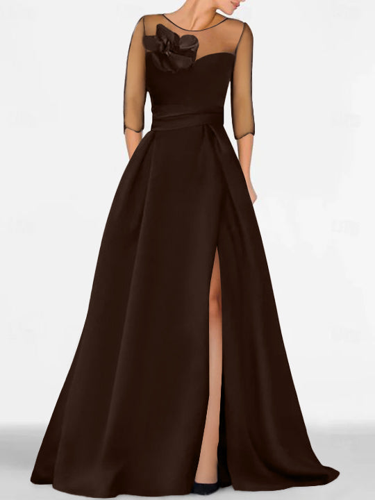 Robe de Mère de la Mariée Coupe A-Line/Princess à Manches 3/4 avec Dentelle et Fente Haute