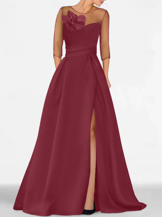 Robe de Mère de la Mariée Coupe A-Line/Princess à Manches 3/4 avec Dentelle et Fente Haute