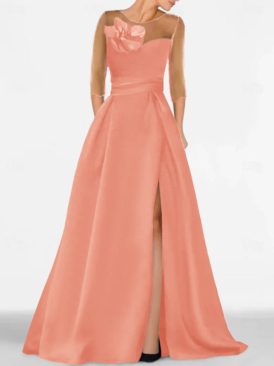 Robe de Mère de la Mariée Coupe A-Line/Princess à Manches 3/4 avec Dentelle et Fente Haute