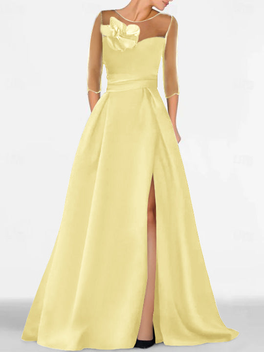 Robe de Mère de la Mariée Coupe A-Line/Princess à Manches 3/4 avec Dentelle et Fente Haute