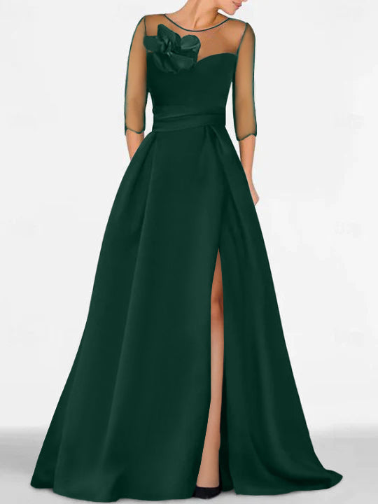 Robe de Mère de la Mariée Coupe A-Line/Princess à Manches 3/4 avec Dentelle et Fente Haute