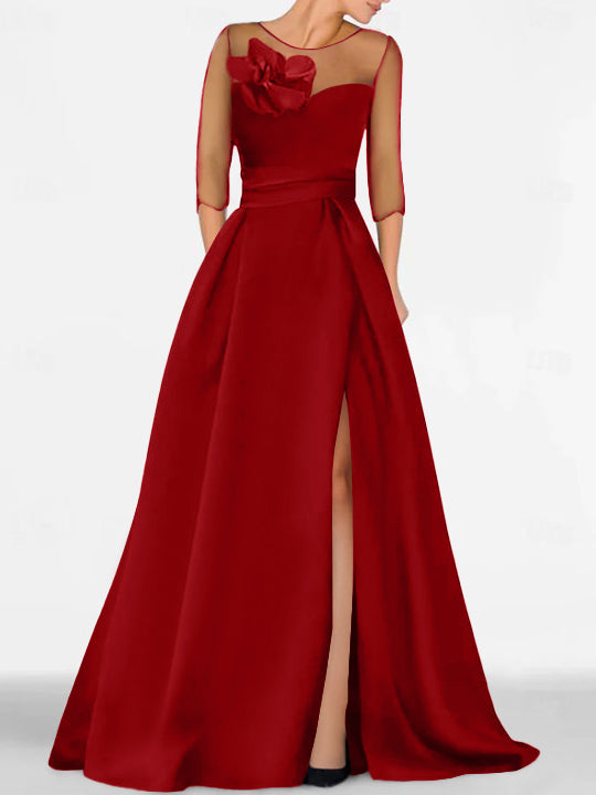 Robe de Mère de la Mariée Coupe A-Line/Princess à Manches 3/4 avec Dentelle et Fente Haute