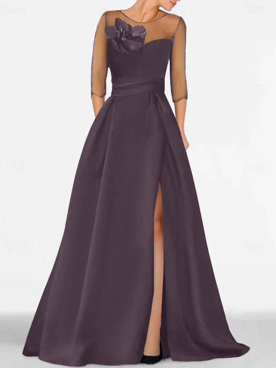 Robe de Mère de la Mariée Coupe A-Line/Princess à Manches 3/4 avec Dentelle et Fente Haute