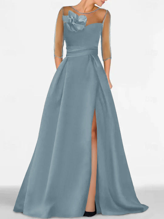 Robe de Mère de la Mariée Coupe A-Line/Princess à Manches 3/4 avec Dentelle et Fente Haute