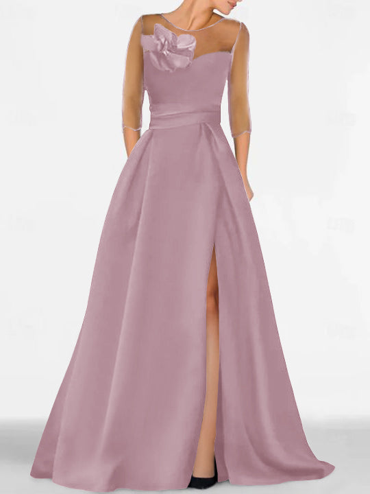 Robe de Mère de la Mariée Coupe A-Line/Princess à Manches 3/4 avec Dentelle et Fente Haute