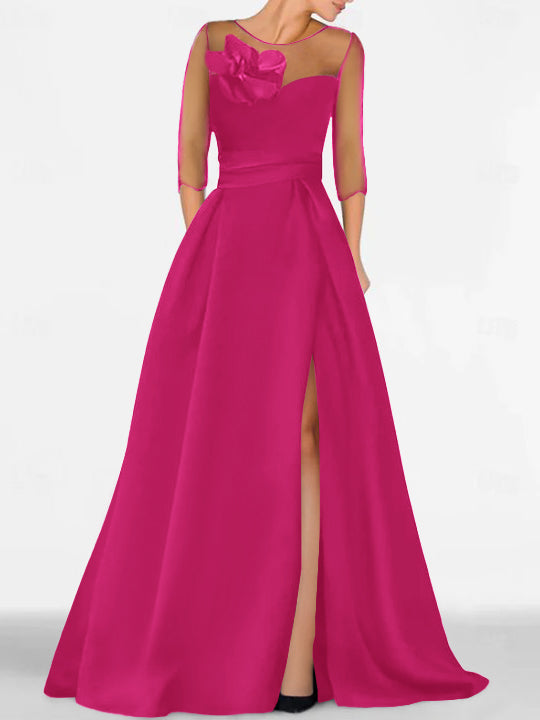 Robe de Mère de la Mariée Coupe A-Line/Princess à Manches 3/4 avec Dentelle et Fente Haute