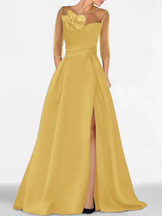 Robe de Mère de la Mariée Coupe A-Line/Princess à Manches 3/4 avec Dentelle et Fente Haute