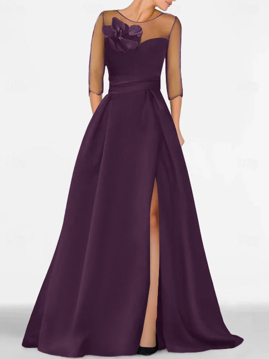 Robe de Mère de la Mariée Coupe A-Line/Princess à Manches 3/4 avec Dentelle et Fente Haute