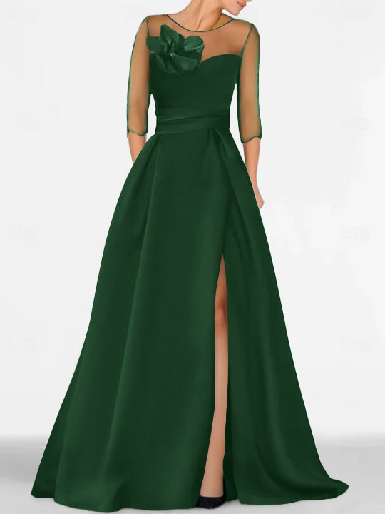 Robe de Mère de la Mariée Coupe A-Line/Princess à Manches 3/4 avec Dentelle et Fente Haute