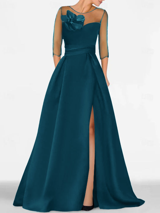 Robe de Mère de la Mariée Coupe A-Line/Princess à Manches 3/4 avec Dentelle et Fente Haute