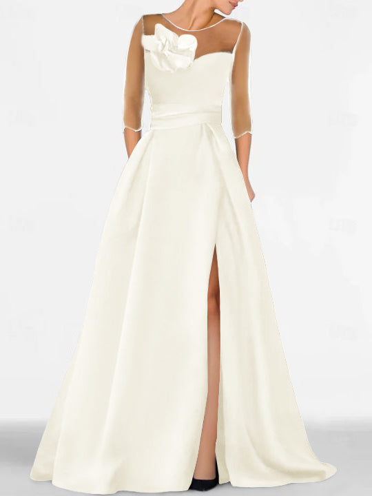 Robe de Mère de la Mariée Coupe A-Line/Princess à Manches 3/4 avec Dentelle et Fente Haute