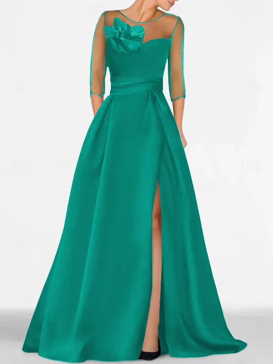 Robe de Mère de la Mariée Coupe A-Line/Princess à Manches 3/4 avec Dentelle et Fente Haute