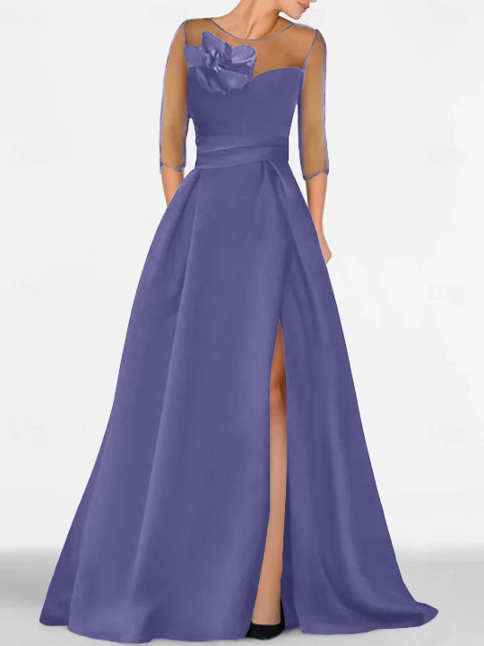 Robe de Mère de la Mariée Coupe A-Line/Princess à Manches 3/4 avec Dentelle et Fente Haute