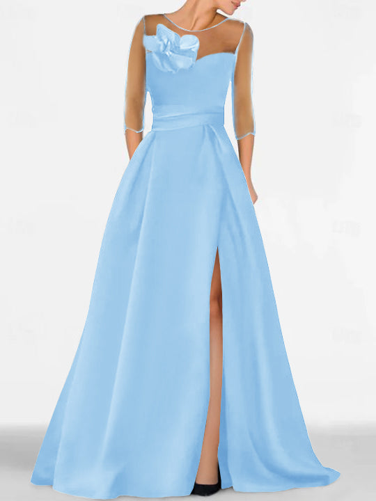 Robe de Mère de la Mariée Coupe A-Line/Princess à Manches 3/4 avec Dentelle et Fente Haute