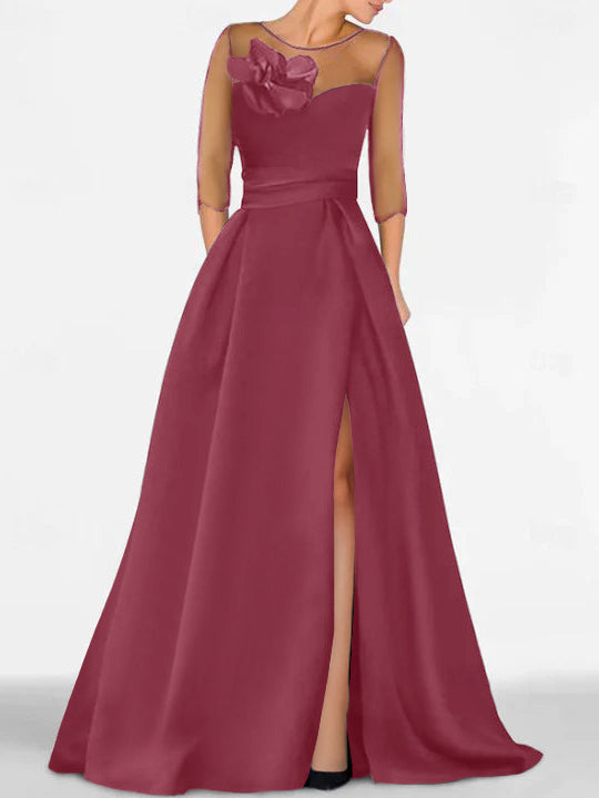 Robe de Mère de la Mariée Coupe A-Line/Princess à Manches 3/4 avec Dentelle et Fente Haute