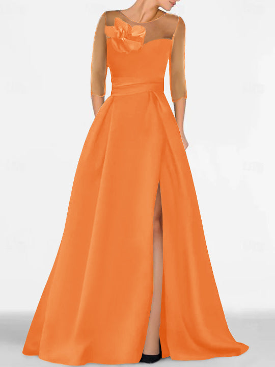 Robe de Mère de la Mariée Coupe A-Line/Princess à Manches 3/4 avec Dentelle et Fente Haute