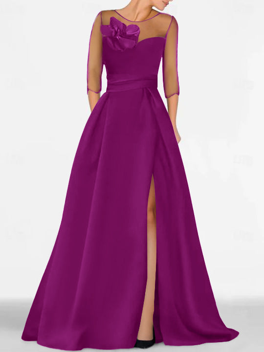 Robe de Mère de la Mariée Coupe A-Line/Princess à Manches 3/4 avec Dentelle et Fente Haute