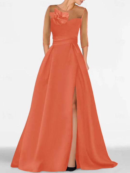 Robe de Mère de la Mariée Coupe A-Line/Princess à Manches 3/4 avec Dentelle et Fente Haute