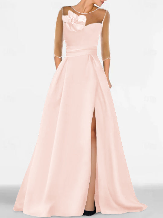 Robe de Mère de la Mariée Coupe A-Line/Princess à Manches 3/4 avec Dentelle et Fente Haute