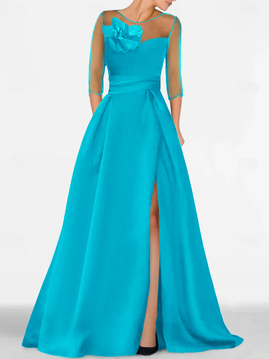 Robe de Mère de la Mariée Coupe A-Line/Princess à Manches 3/4 avec Dentelle et Fente Haute