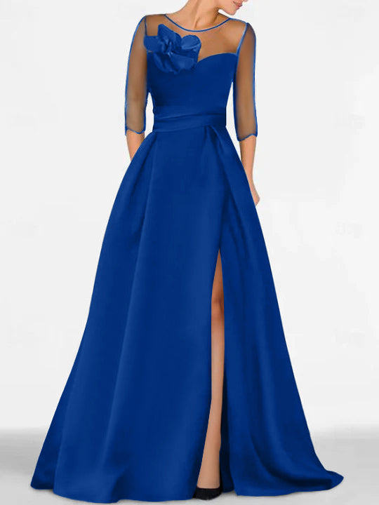 Robe de Mère de la Mariée Coupe A-Line/Princess à Manches 3/4 avec Dentelle et Fente Haute