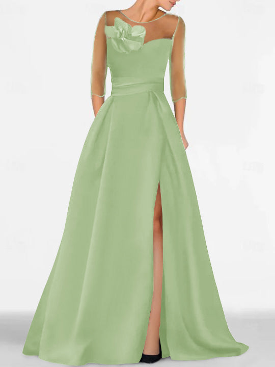 Robe de Mère de la Mariée Coupe A-Line/Princess à Manches 3/4 avec Dentelle et Fente Haute