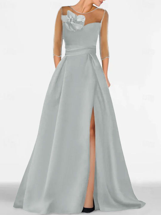 Robe de Mère de la Mariée Coupe A-Line/Princess à Manches 3/4 avec Dentelle et Fente Haute