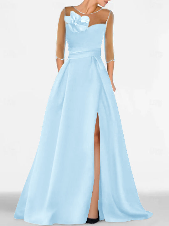 Robe de Mère de la Mariée Coupe A-Line/Princess à Manches 3/4 avec Dentelle et Fente Haute