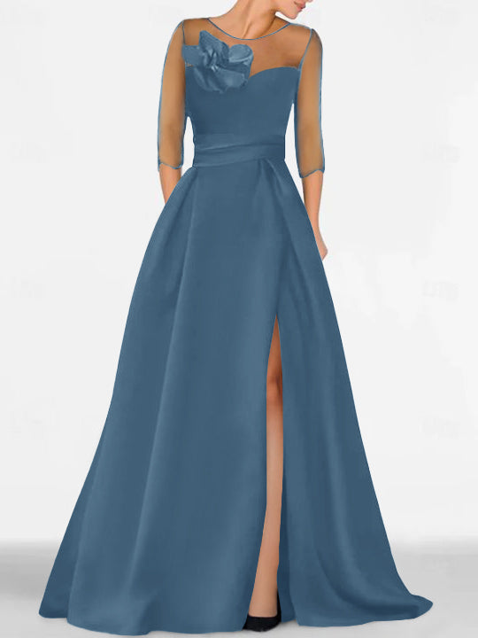 Robe de Mère de la Mariée Coupe A-Line/Princess à Manches 3/4 avec Dentelle et Fente Haute